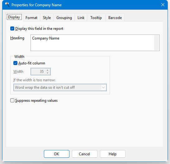 Field Properties (Quick Report) - Stonefield Query