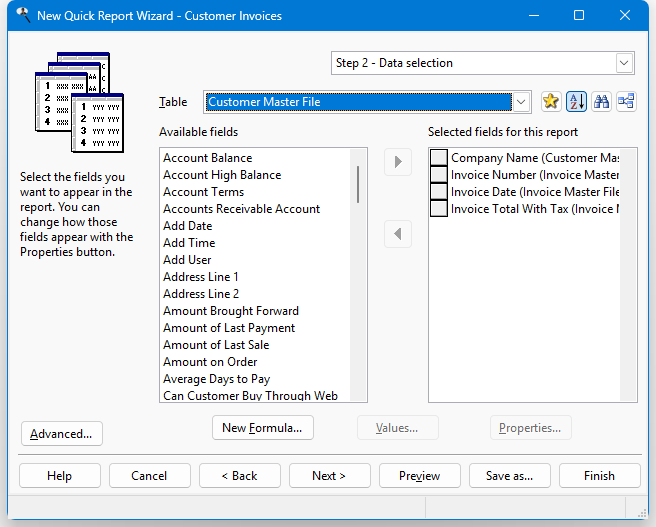 Step 2: Data Selection (Quick Report) - Stonefield Query